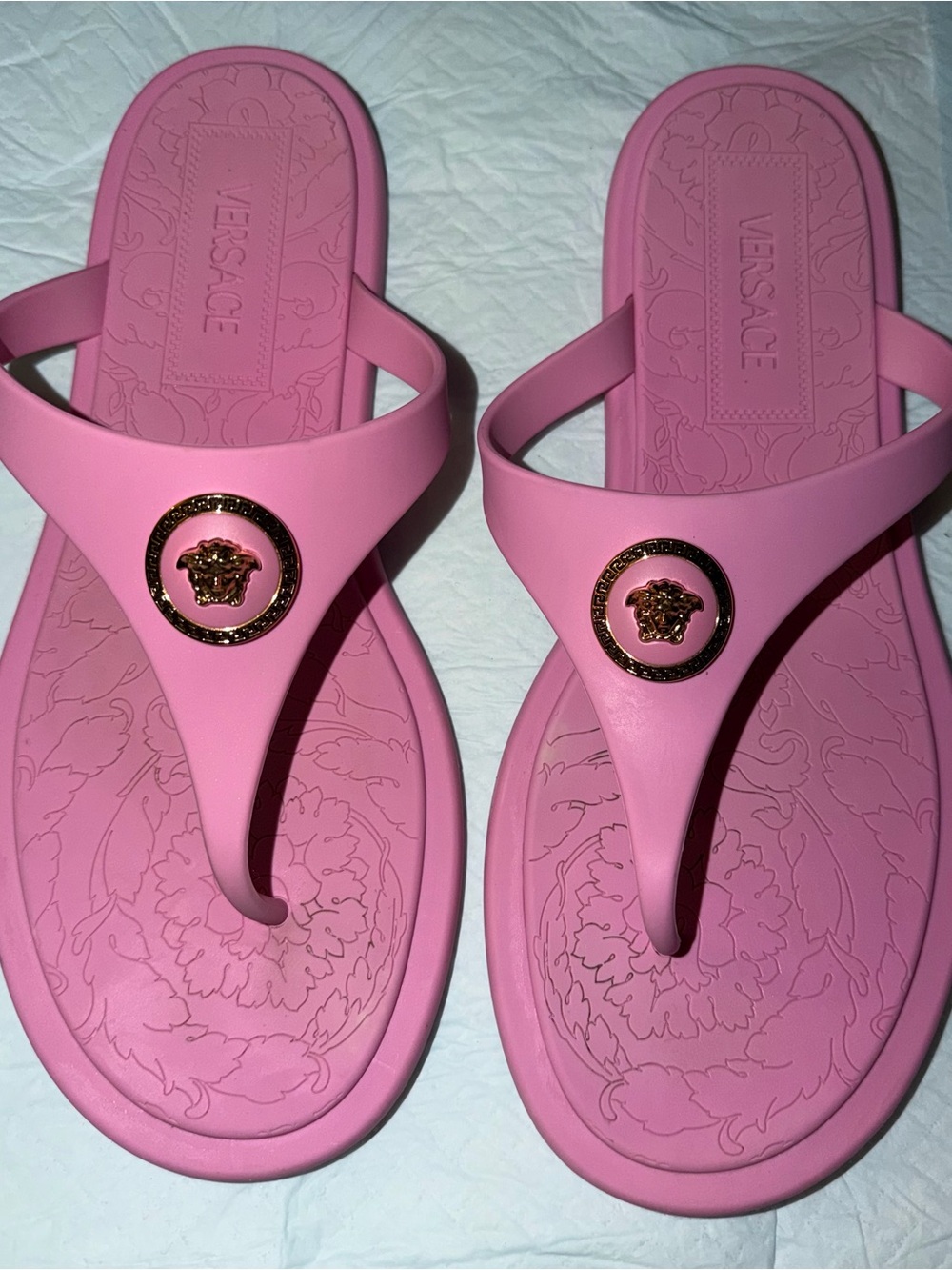 Versace Pink Logo Medusa Rubber Thong Sandals